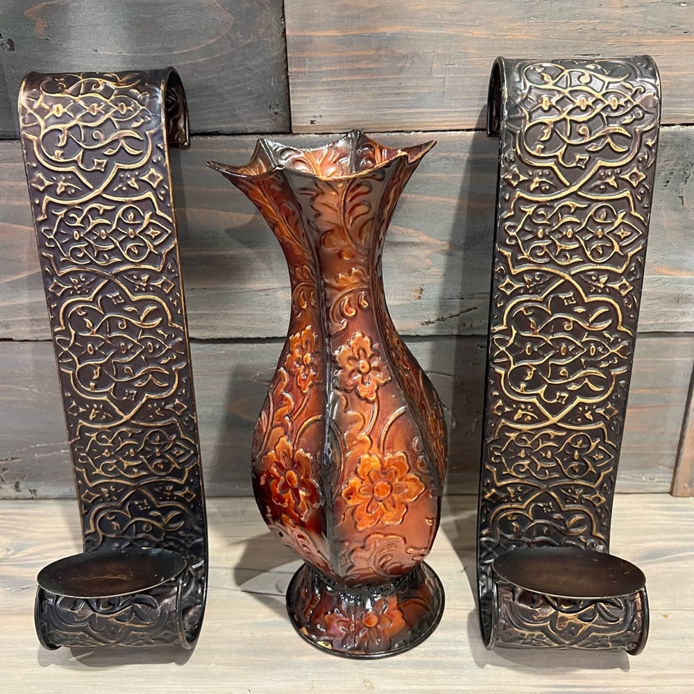 Ornate Brown and Gold Vase with Matching Wall Sconces